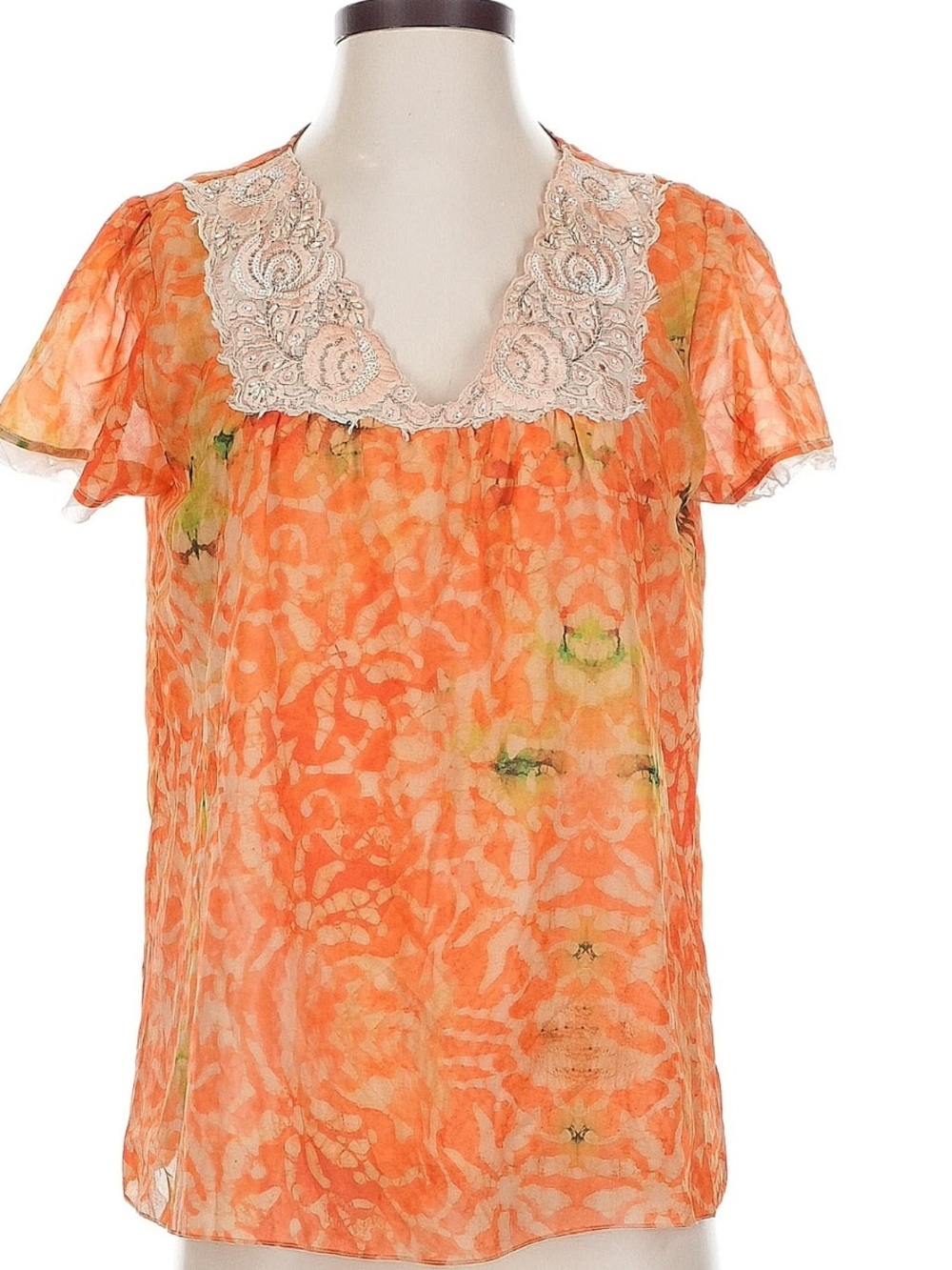 Anthropologie Orange Floral Sheer Blouse with Cream Lace